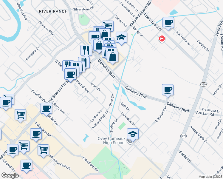 map of restaurants, bars, coffee shops, grocery stores, and more near 115 Dove Circle in Lafayette