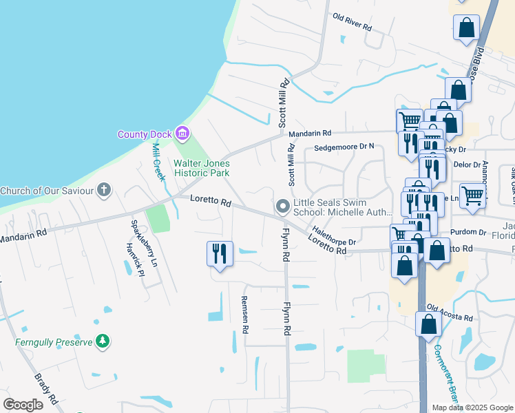 map of restaurants, bars, coffee shops, grocery stores, and more near 2573 Loretto Road in Jacksonville
