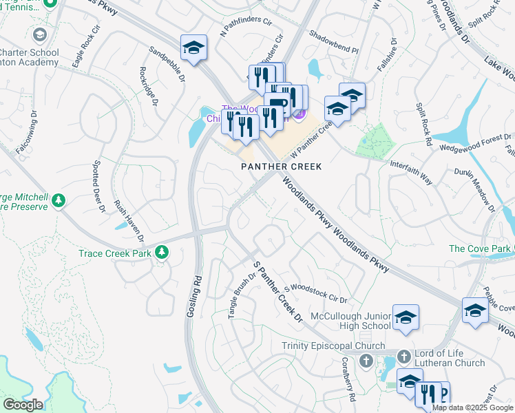 map of restaurants, bars, coffee shops, grocery stores, and more near 4550 South Panther Creek Drive in The Woodlands
