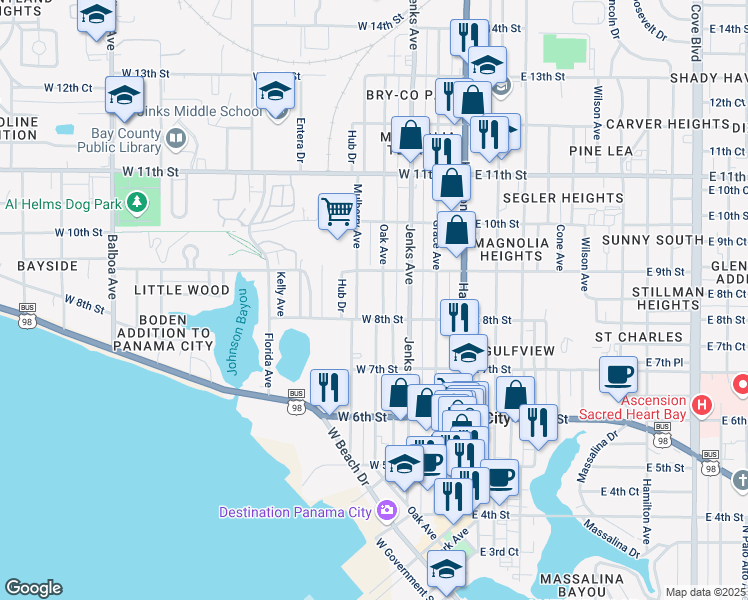 map of restaurants, bars, coffee shops, grocery stores, and more near 832 Oak Avenue in Panama City