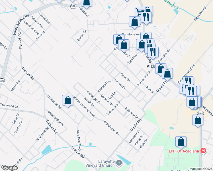map of restaurants, bars, coffee shops, grocery stores, and more near 418 Planters Row in Lafayette
