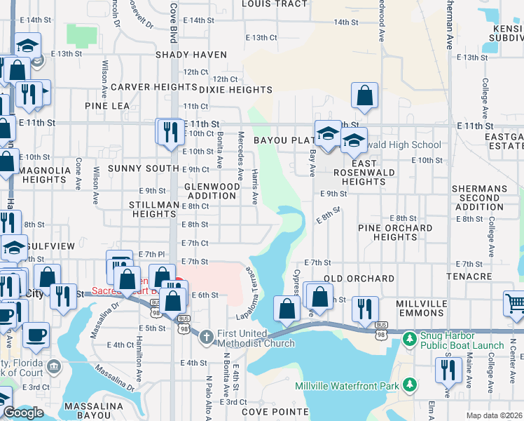 map of restaurants, bars, coffee shops, grocery stores, and more near 1025 East 8th Court in Panama City