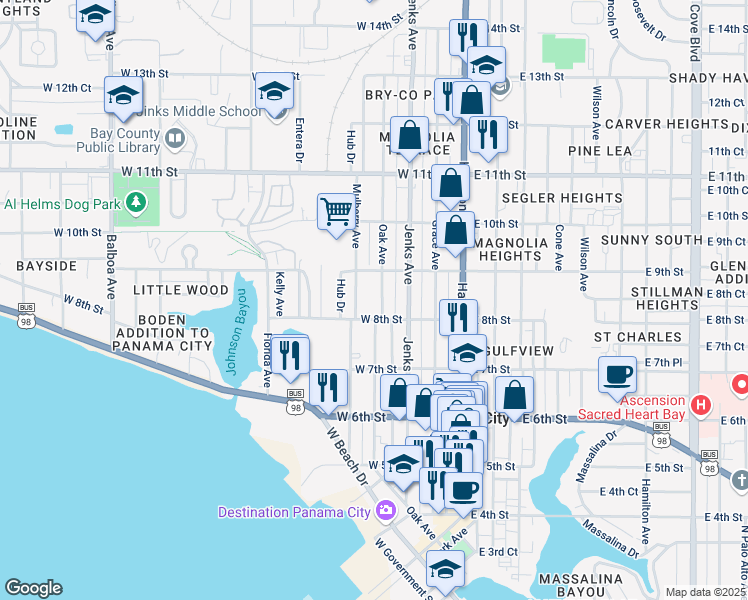 map of restaurants, bars, coffee shops, grocery stores, and more near 832 Oak Avenue in Panama City