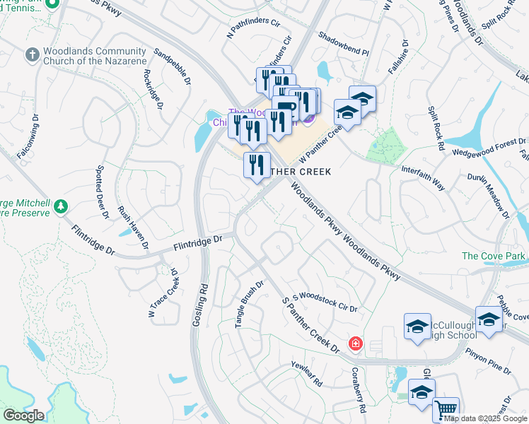 map of restaurants, bars, coffee shops, grocery stores, and more near 4550 South Panther Creek Drive in The Woodlands