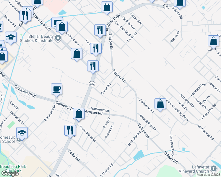 map of restaurants, bars, coffee shops, grocery stores, and more near 207 Green Road in Lafayette
