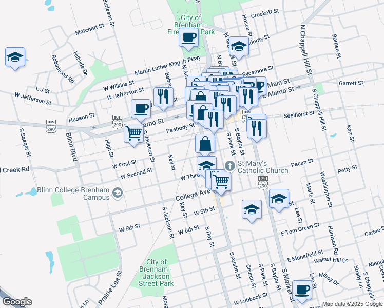 map of restaurants, bars, coffee shops, grocery stores, and more near 312 West Second Street in Brenham