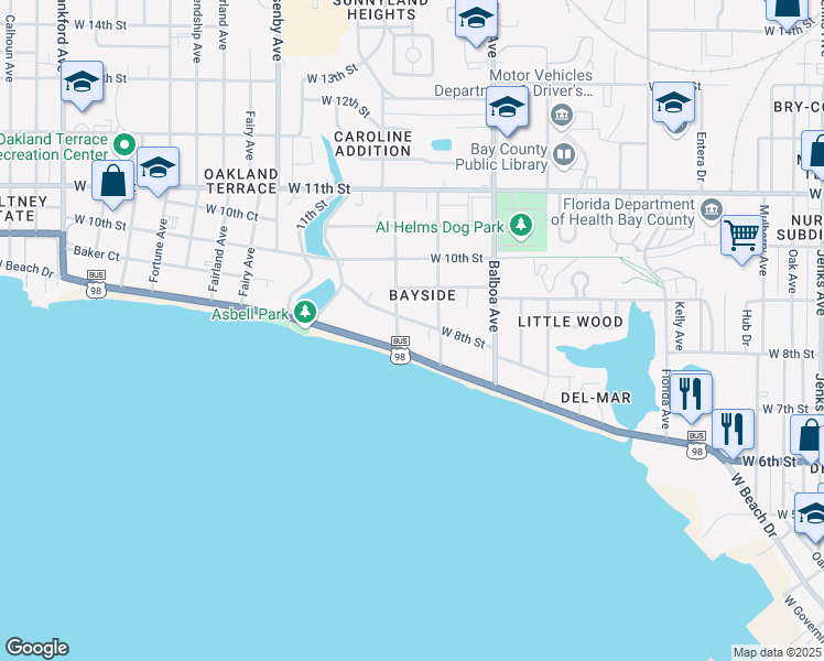 map of restaurants, bars, coffee shops, grocery stores, and more near 1118 West Beach Drive in Panama City