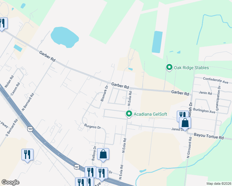 map of restaurants, bars, coffee shops, grocery stores, and more near 119 Tulip Tree Lane in Broussard