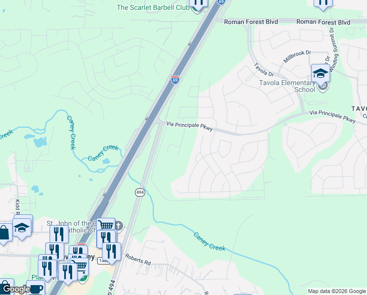 map of restaurants, bars, coffee shops, grocery stores, and more near 23532 Ashland Mills Drive in New Caney