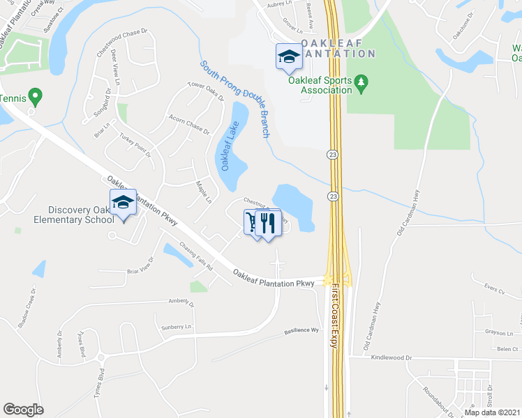 map of restaurants, bars, coffee shops, grocery stores, and more near 3231 Chestnut Ridge Way in Orange Park