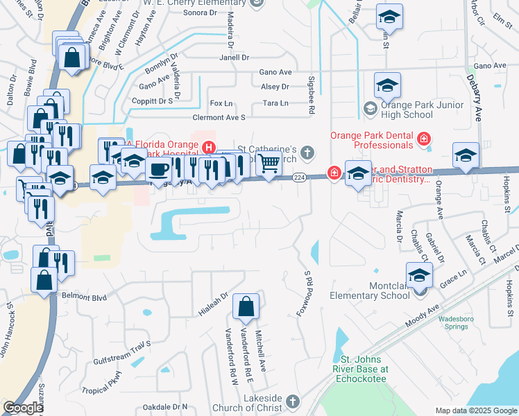 map of restaurants, bars, coffee shops, grocery stores, and more near 2 Foxwood Court in Orange Park