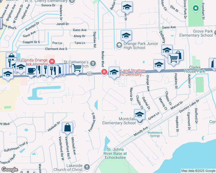 map of restaurants, bars, coffee shops, grocery stores, and more near 1623 Chelsea Place in Orange Park