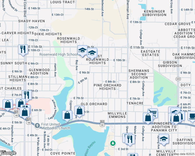 map of restaurants, bars, coffee shops, grocery stores, and more near 853 Redwood Avenue in Panama City