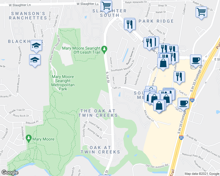 map of restaurants, bars, coffee shops, grocery stores, and more near 9733 Alex Lane in Austin