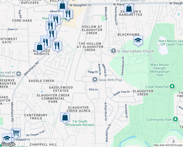 map of restaurants, bars, coffee shops, grocery stores, and more near 1205 Diggy Drive in Austin
