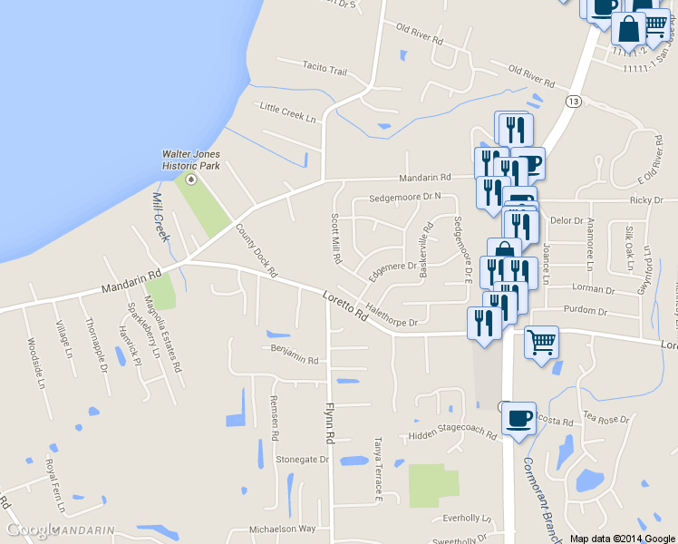 map of restaurants, bars, coffee shops, grocery stores, and more near 11468 Scott Mill Road in Jacksonville