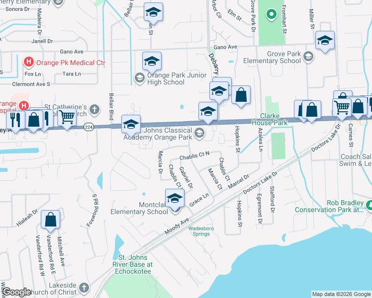 map of restaurants, bars, coffee shops, grocery stores, and more near 1406 Marcia Drive in Orange Park