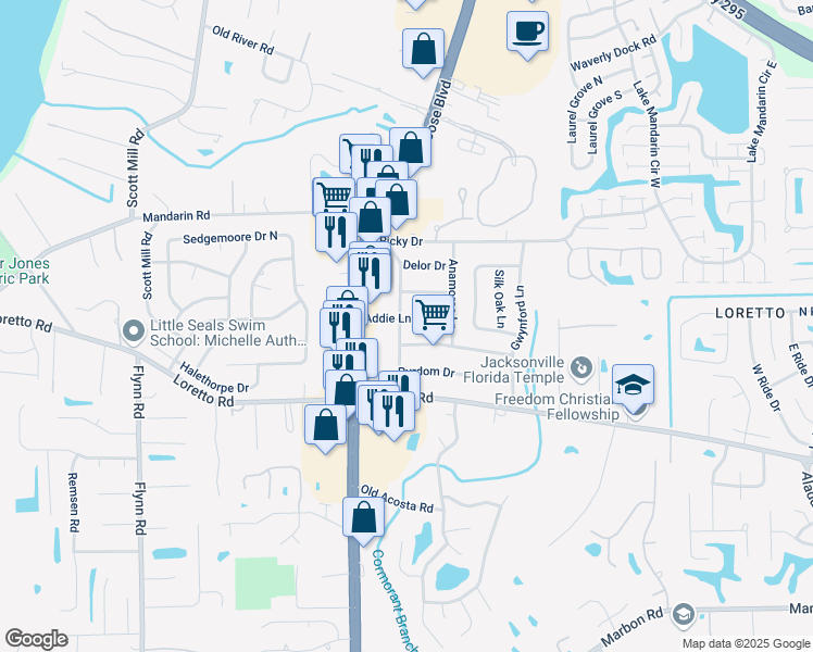 map of restaurants, bars, coffee shops, grocery stores, and more near 3024 Addie Lane in Jacksonville