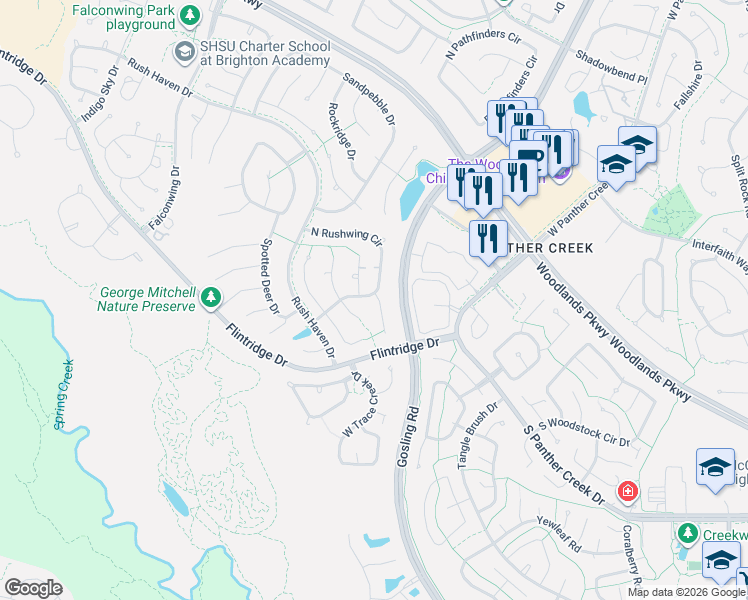 map of restaurants, bars, coffee shops, grocery stores, and more near 138 Rushwing Place in Spring