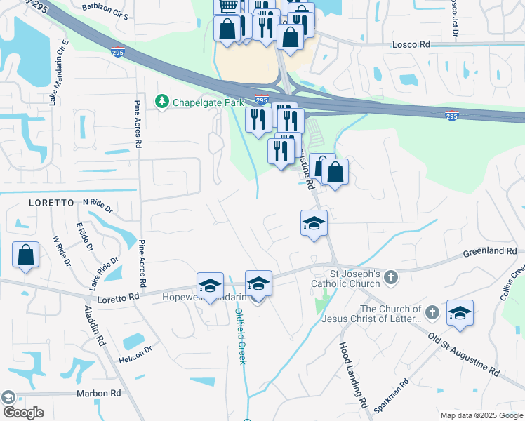 map of restaurants, bars, coffee shops, grocery stores, and more near 11586 Tyndel Creek Lane in Jacksonville