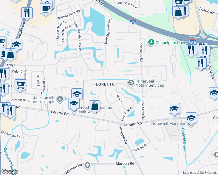 map of restaurants, bars, coffee shops, grocery stores, and more near 11518 Woodglen Way in Jacksonville