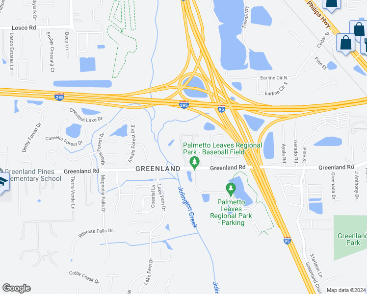 map of restaurants, bars, coffee shops, grocery stores, and more near 5663 Greenland Road in Jacksonville
