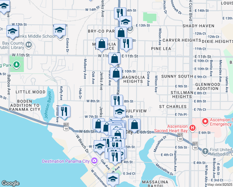map of restaurants, bars, coffee shops, grocery stores, and more near 833 Harrison Avenue in Panama City