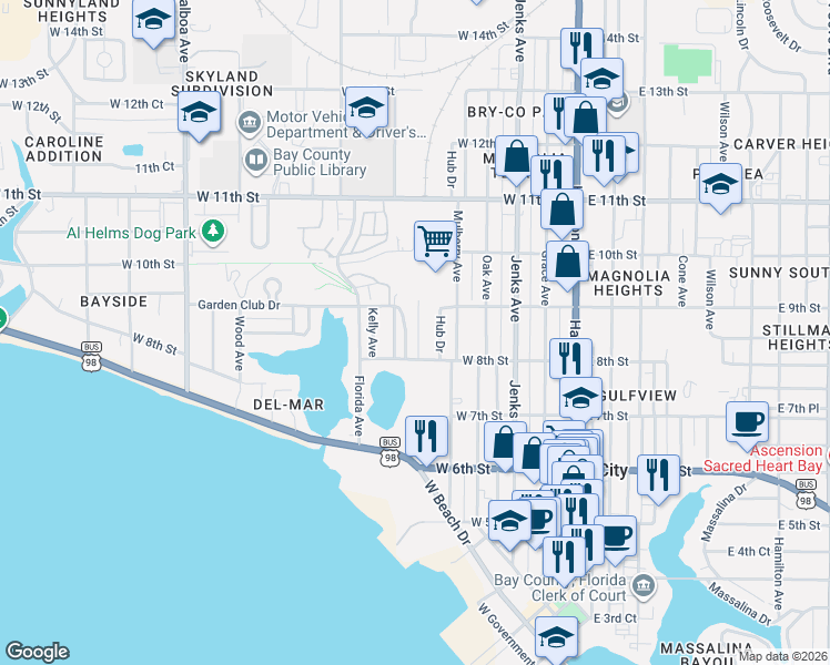 map of restaurants, bars, coffee shops, grocery stores, and more near 832 Premier Drive in Panama City
