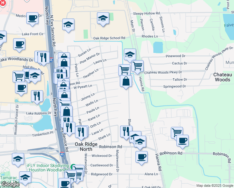 map of restaurants, bars, coffee shops, grocery stores, and more near 27277 Wells Lane in Conroe