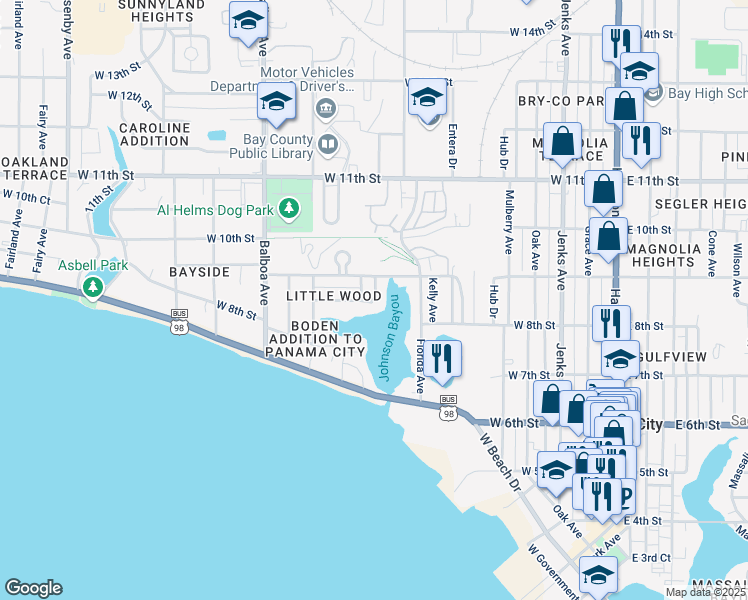 map of restaurants, bars, coffee shops, grocery stores, and more near 800 West 8th Street in Panama City