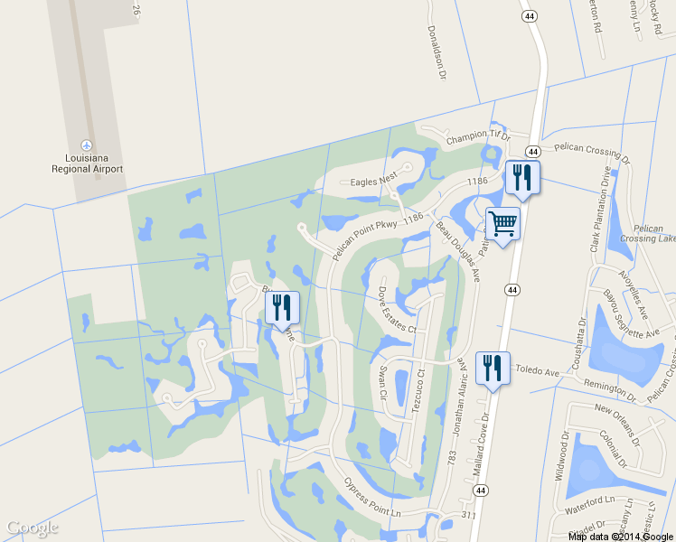 map of restaurants, bars, coffee shops, grocery stores, and more near 40360 Pelican Point Parkway in Gonzales
