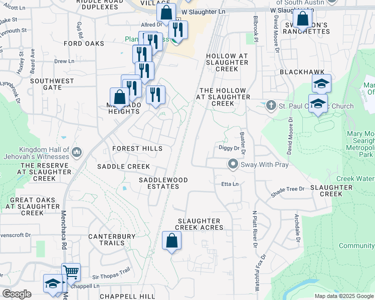map of restaurants, bars, coffee shops, grocery stores, and more near 10400 Slaughter Creek Drive in Austin