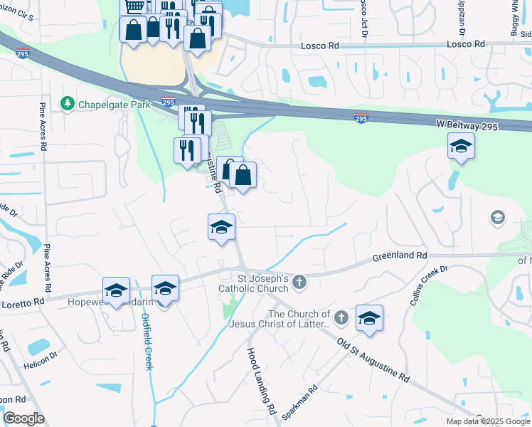 map of restaurants, bars, coffee shops, grocery stores, and more near 4367 Barkoskie Road in Jacksonville