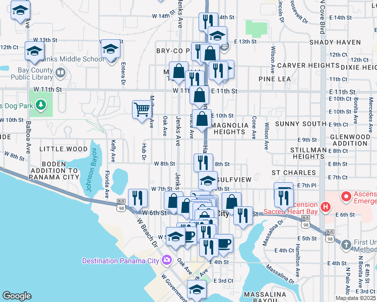 map of restaurants, bars, coffee shops, grocery stores, and more near 823 Grace Avenue in Panama City