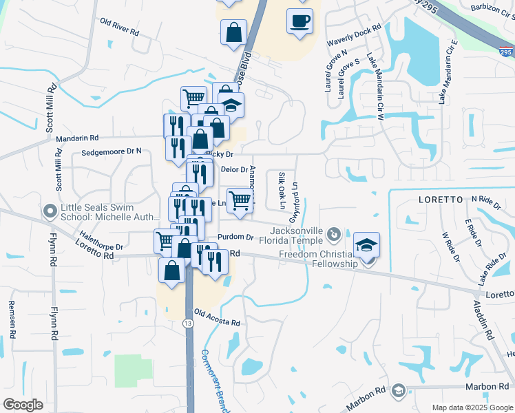 map of restaurants, bars, coffee shops, grocery stores, and more near 11555 Anamoree Lane in Jacksonville