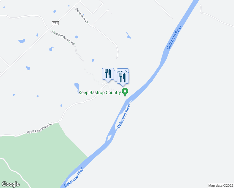 map of restaurants, bars, coffee shops, grocery stores, and more near 575 Hyatt Lost Pines Road in Cedar Creek