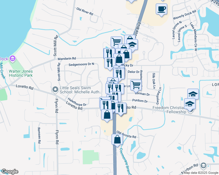 map of restaurants, bars, coffee shops, grocery stores, and more near 11528 San Jose Boulevard in Jacksonville