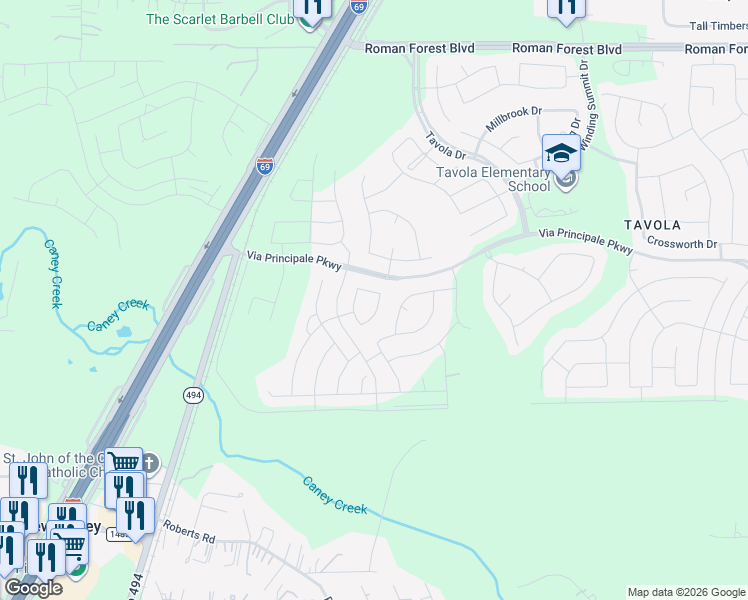 map of restaurants, bars, coffee shops, grocery stores, and more near 22528 Gran Sasso Drive in Roman Forest