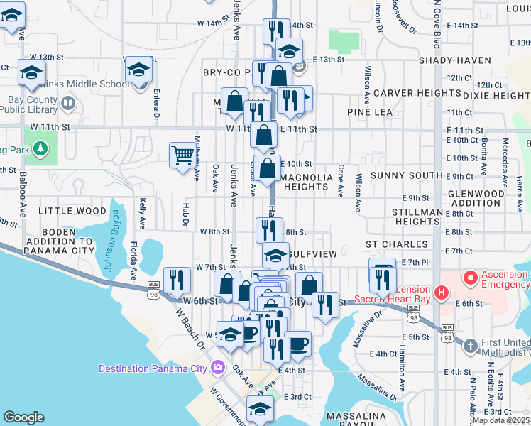 map of restaurants, bars, coffee shops, grocery stores, and more near 833 Harrison Avenue in Panama City