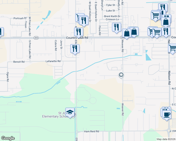 map of restaurants, bars, coffee shops, grocery stores, and more near 5225 Elliott Road in Lake Charles