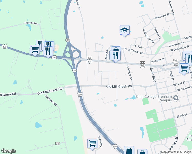 map of restaurants, bars, coffee shops, grocery stores, and more near 205 Cornish Drive in Brenham