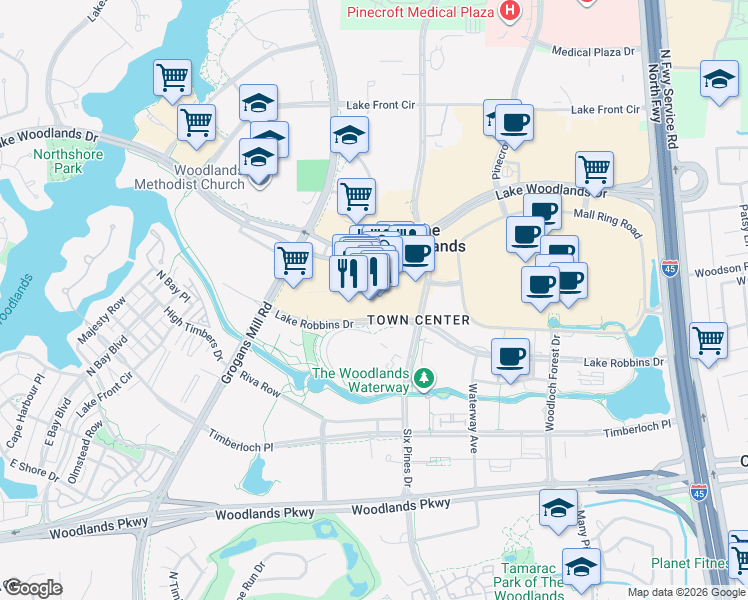 map of restaurants, bars, coffee shops, grocery stores, and more near 9595 Six Pines Drive in The Woodlands