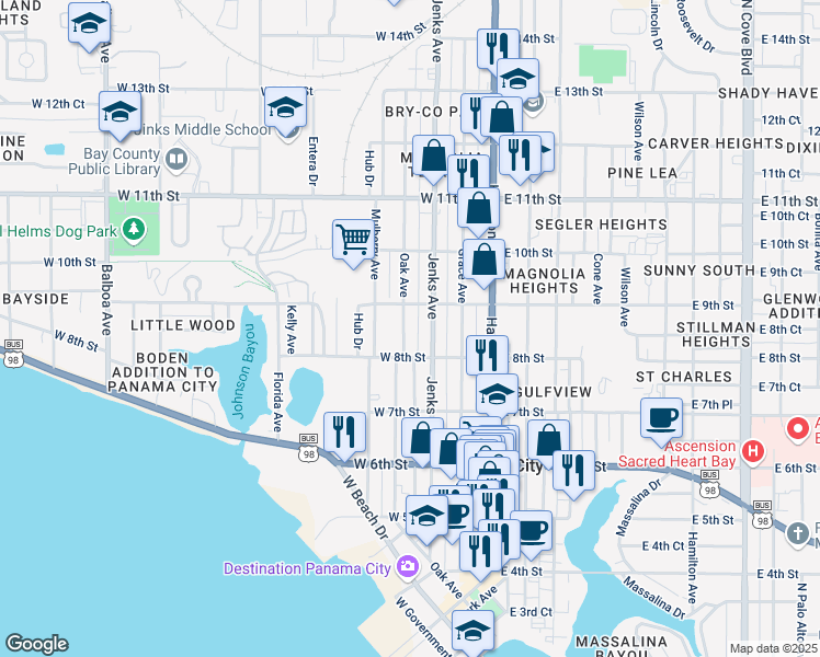 map of restaurants, bars, coffee shops, grocery stores, and more near 832 Oak Ave in Panama City
