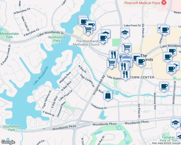 map of restaurants, bars, coffee shops, grocery stores, and more near 11 Waterton Cove Place in The Woodlands