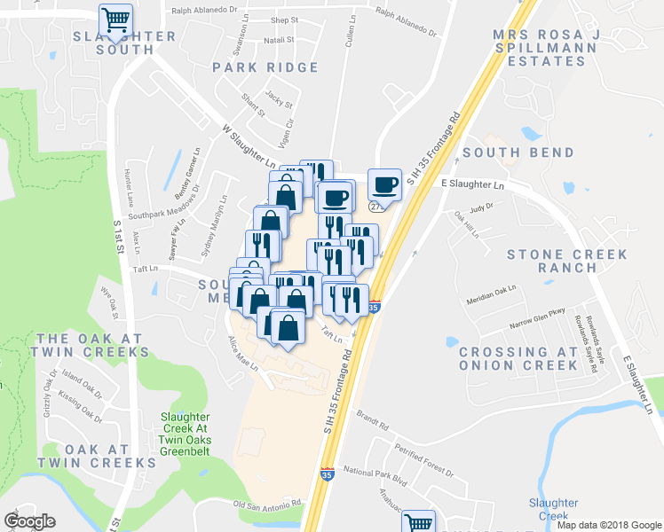 map of restaurants, bars, coffee shops, grocery stores, and more near 9300D South I-35 in Austin