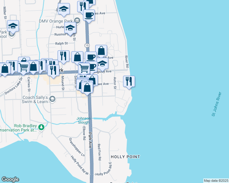 map of restaurants, bars, coffee shops, grocery stores, and more near 2138 Astor Street in Orange Park
