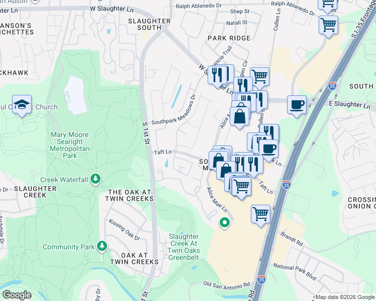 map of restaurants, bars, coffee shops, grocery stores, and more near 9621 Sydney Marilyn Lane in Austin
