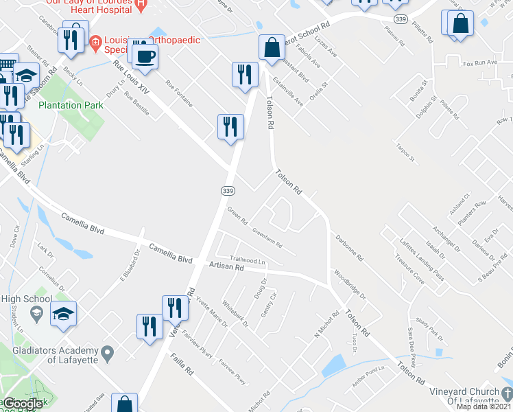 map of restaurants, bars, coffee shops, grocery stores, and more near 207 Green Road in Lafayette
