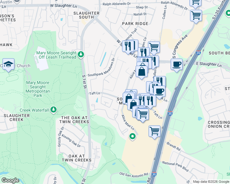 map of restaurants, bars, coffee shops, grocery stores, and more near 9621 Sydney Marilyn Lane in Austin
