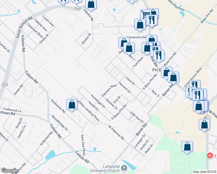 map of restaurants, bars, coffee shops, grocery stores, and more near 418 Planters Row in Lafayette